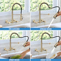 InArt kitchen sink mixer wall mounted installation view, brushed gold brass tap with swinging spout and pull out spray