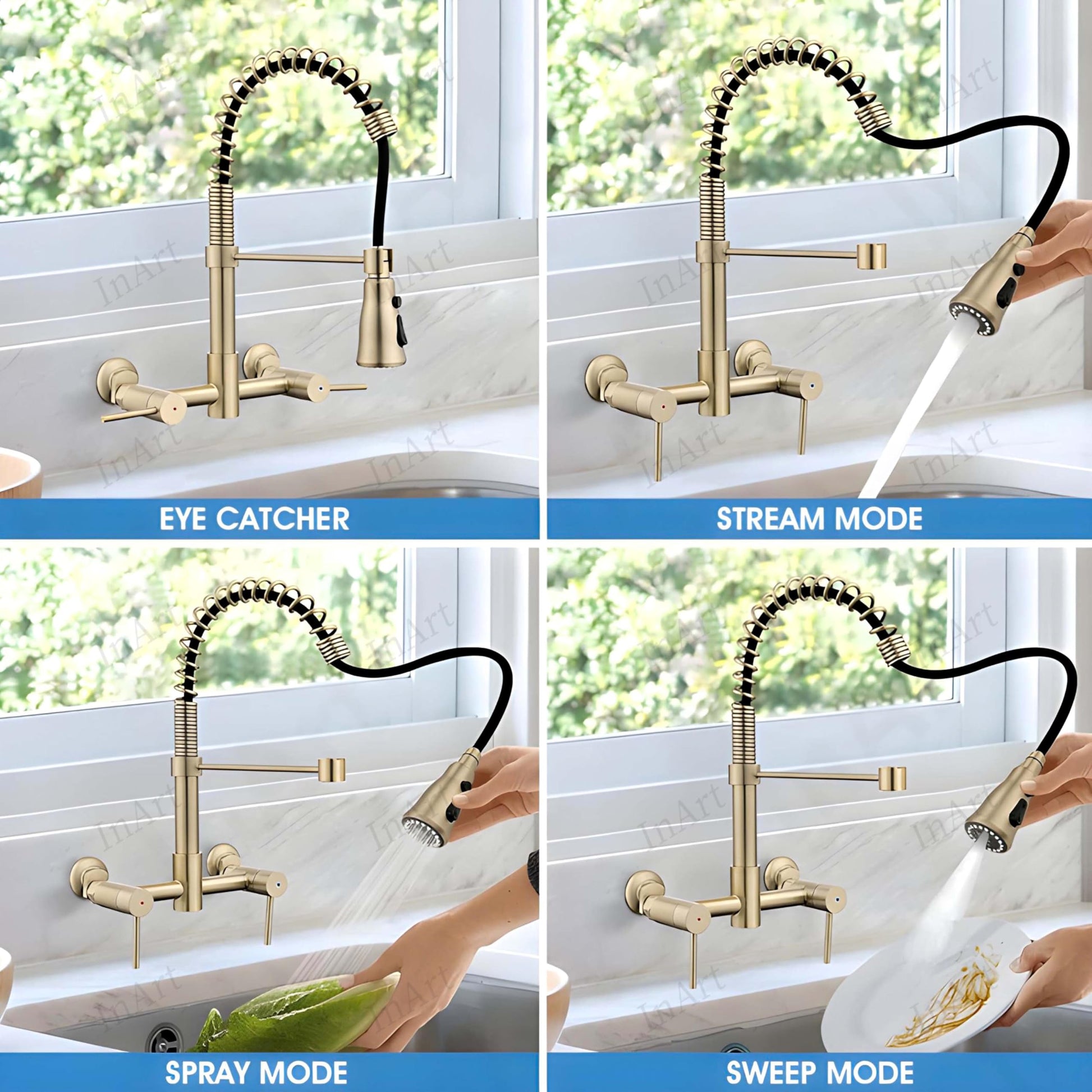 InArt kitchen sink mixer wall mounted installation view, brushed gold brass tap with swinging spout and pull out spray