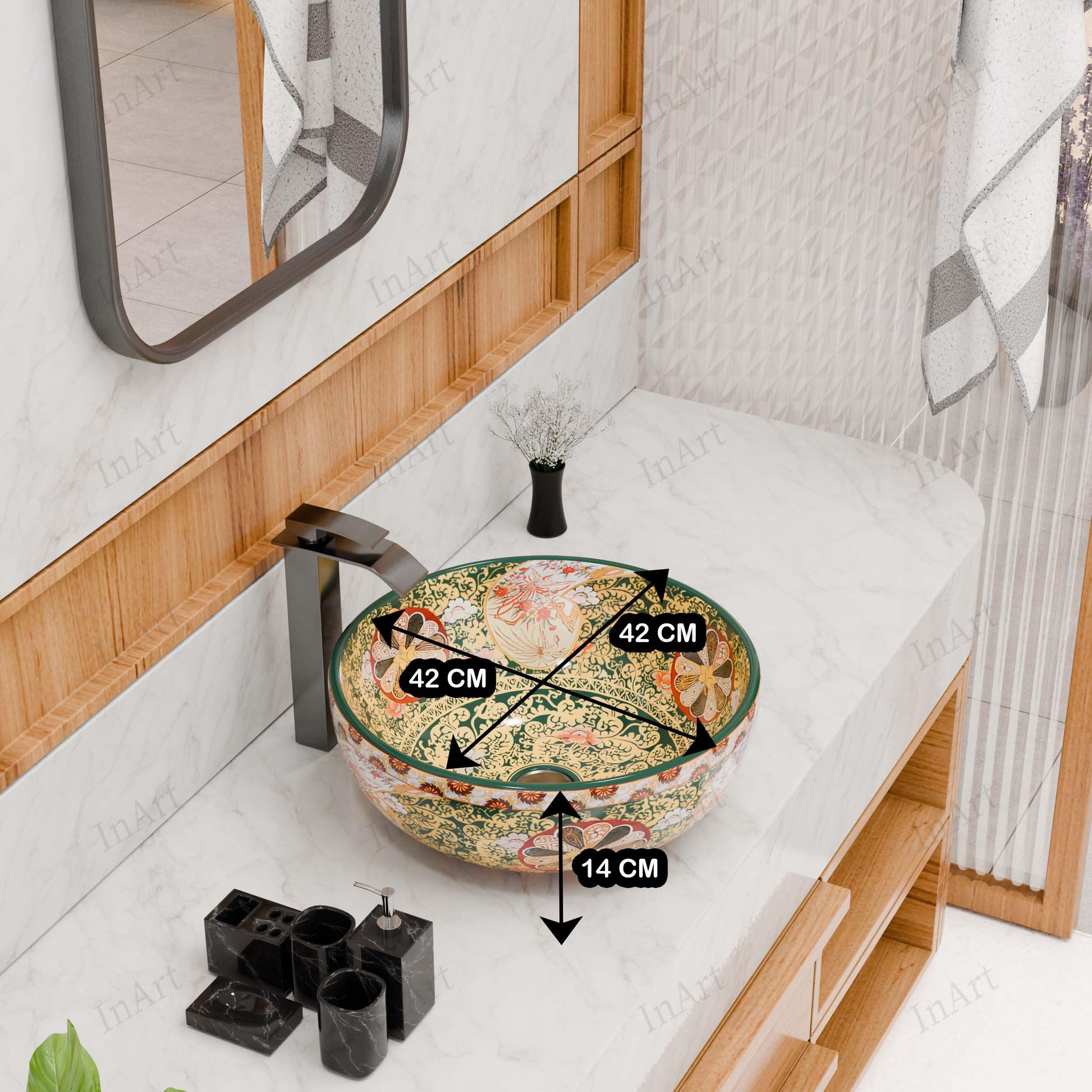 InArt ceramic table top wash basin, square 42x42x14 cm green multicolour glossy finish top view