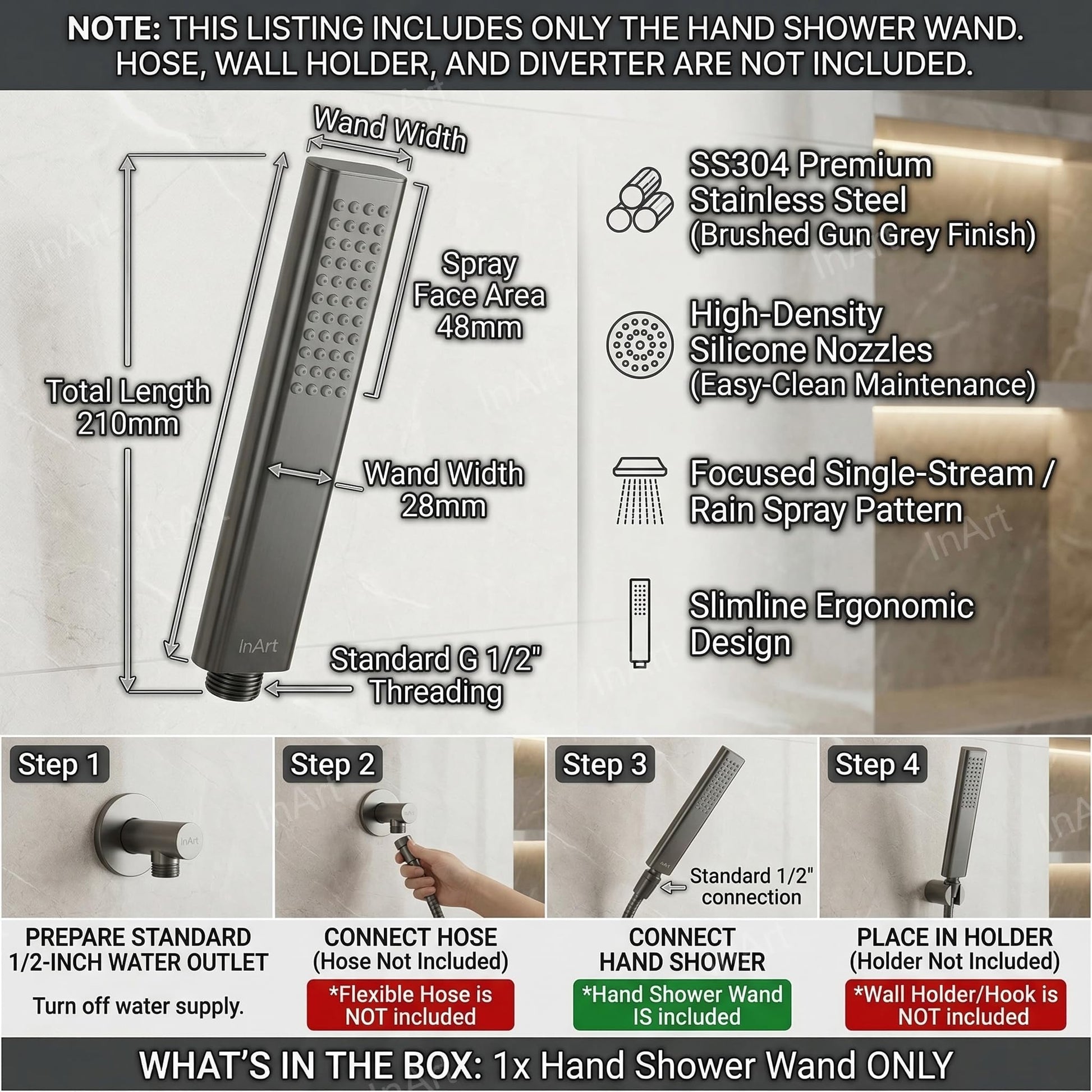 Round handheld shower head only in SS304 stainless steel, gun grey finish, InArt premium bathroom sanitaryware