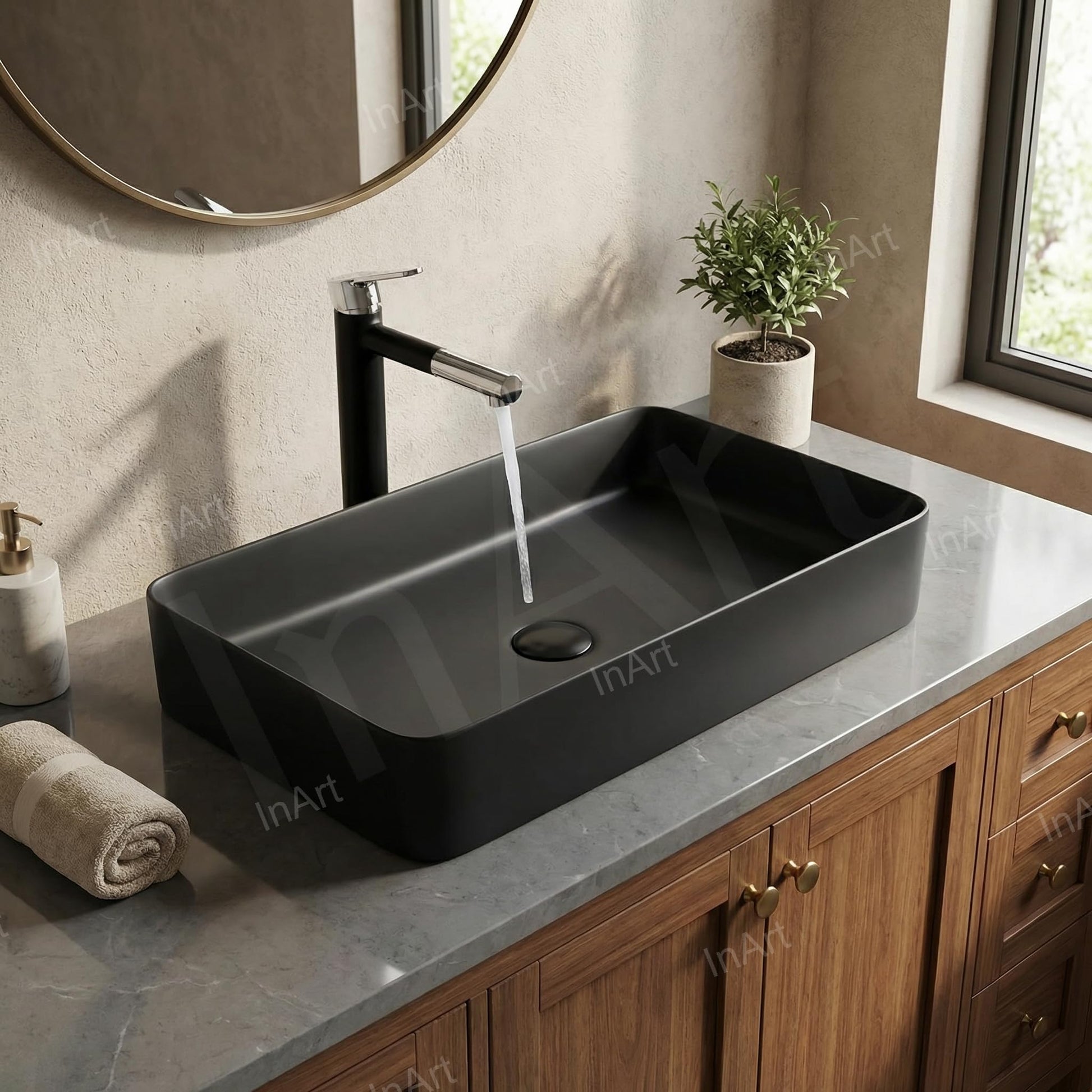 Close-up of InArt ceramic wash basin rim and matte black finish, premium sanitaryware for bathroom table top