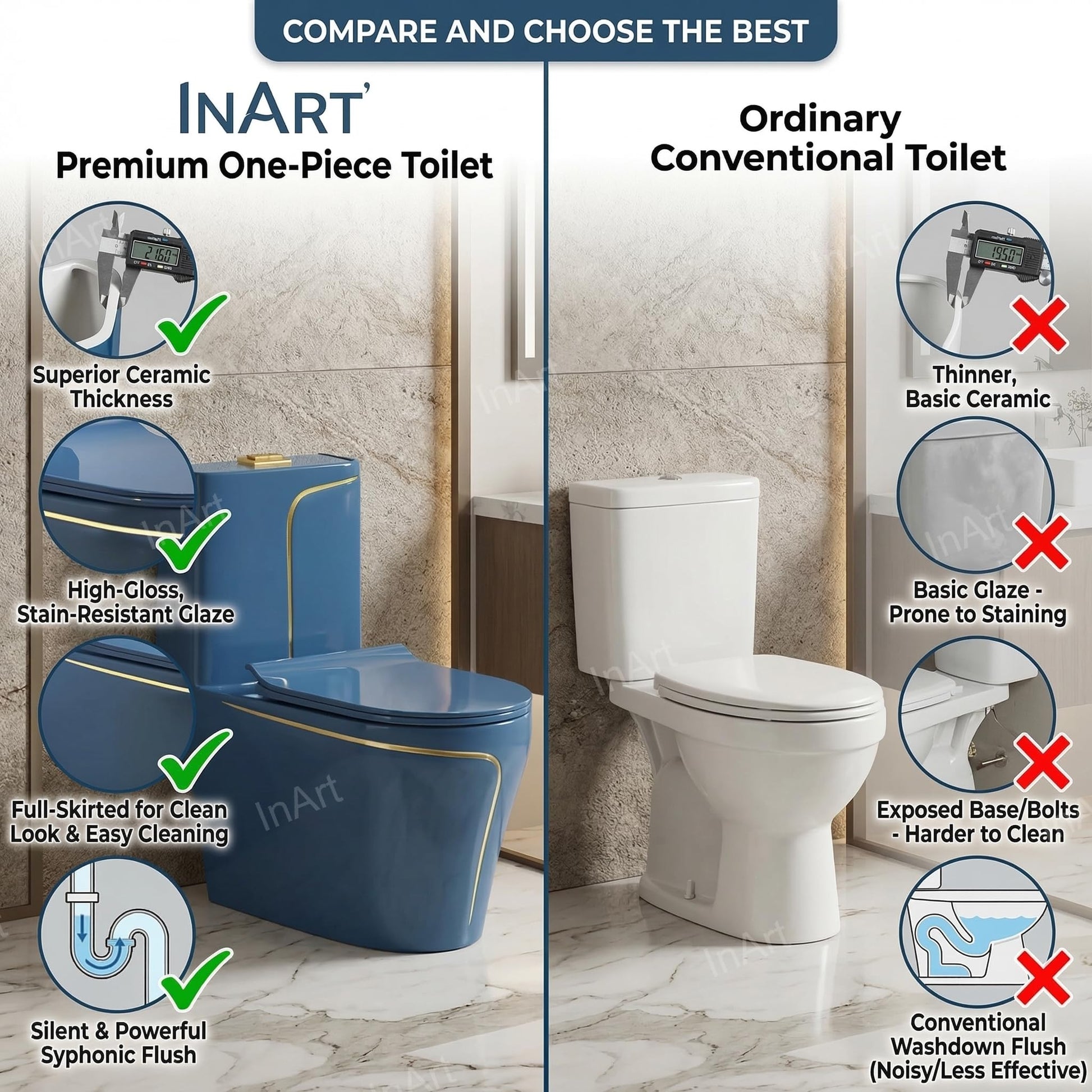 Blue ceramic one piece western toilet with floor mounted S trap, oval bowl rim and seat detail