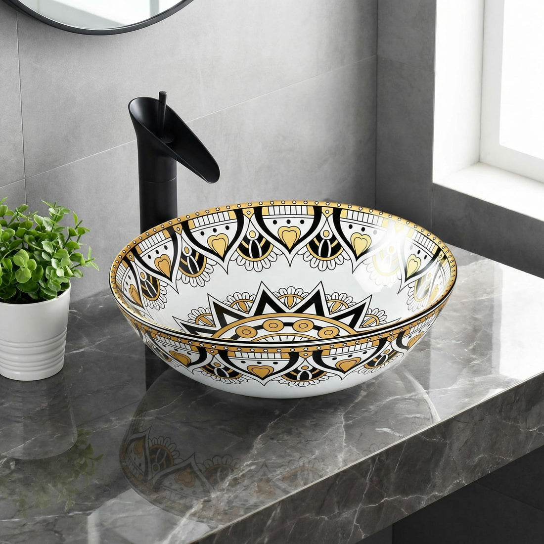 InArt cera table top wash basin, round ceramic yellow Mexican pattern, glossy finish, main view