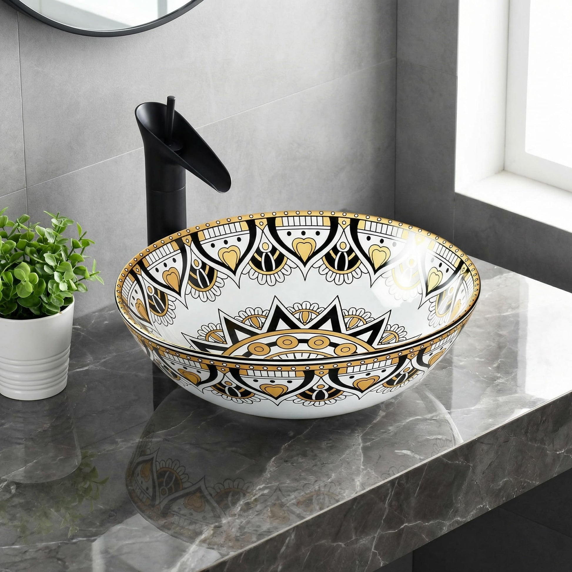InArt cera table top wash basin, round ceramic yellow Mexican pattern, glossy finish, main view