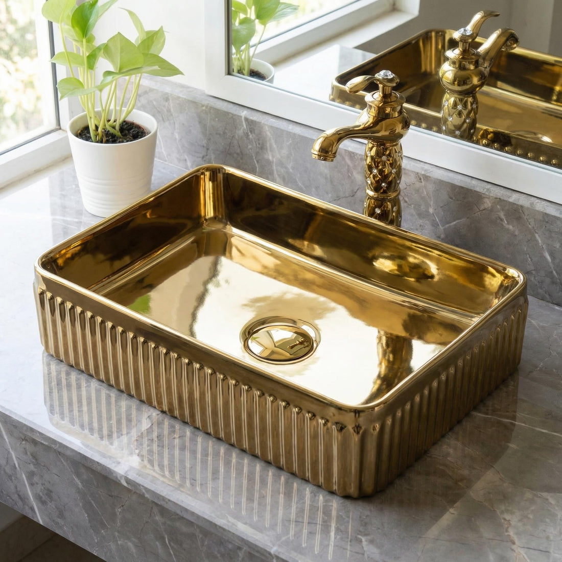 InArt ceramic table top wash basin, rectangular rose gold finish, modern bathroom basin front view
