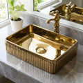 InArt ceramic table top wash basin, rectangular rose gold finish, modern bathroom basin front view