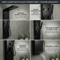 Black shower tower front angle showing hot and cold mixer control, tub spout and handheld shower