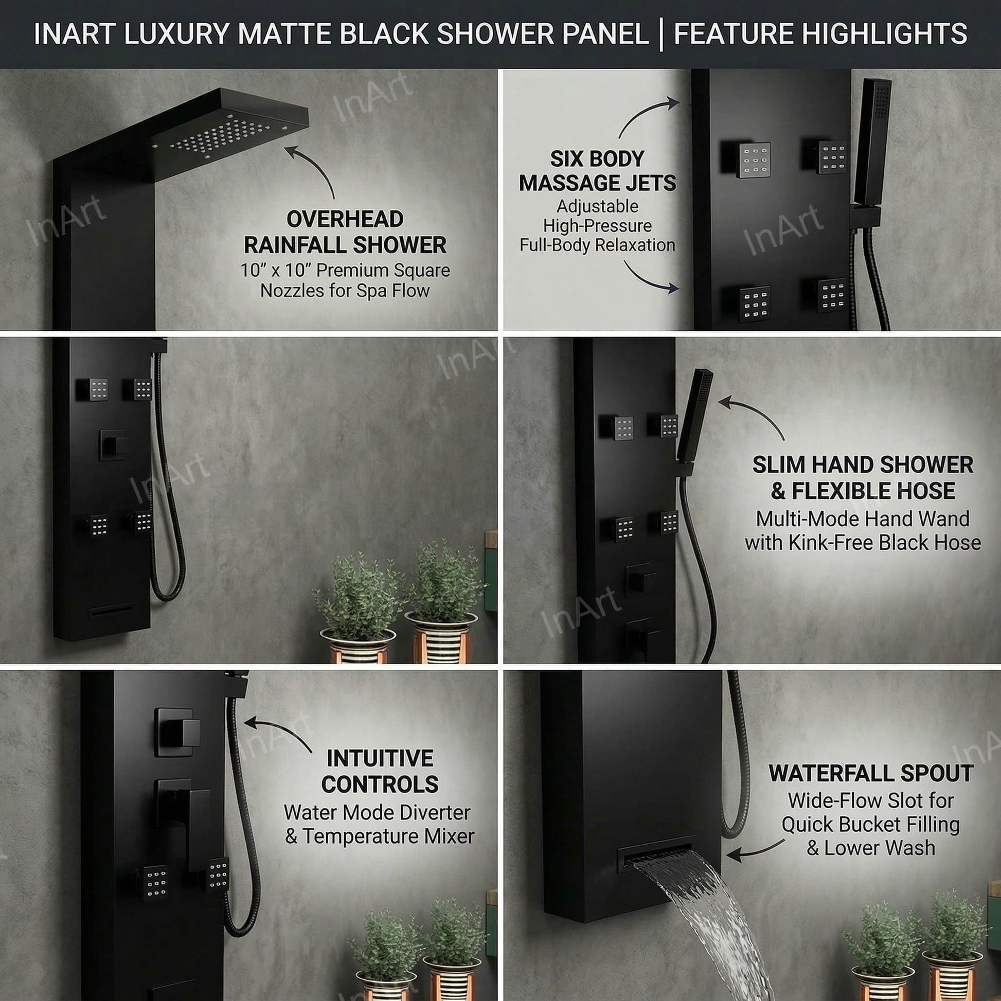 Black shower tower front angle showing hot and cold mixer control, tub spout and handheld shower