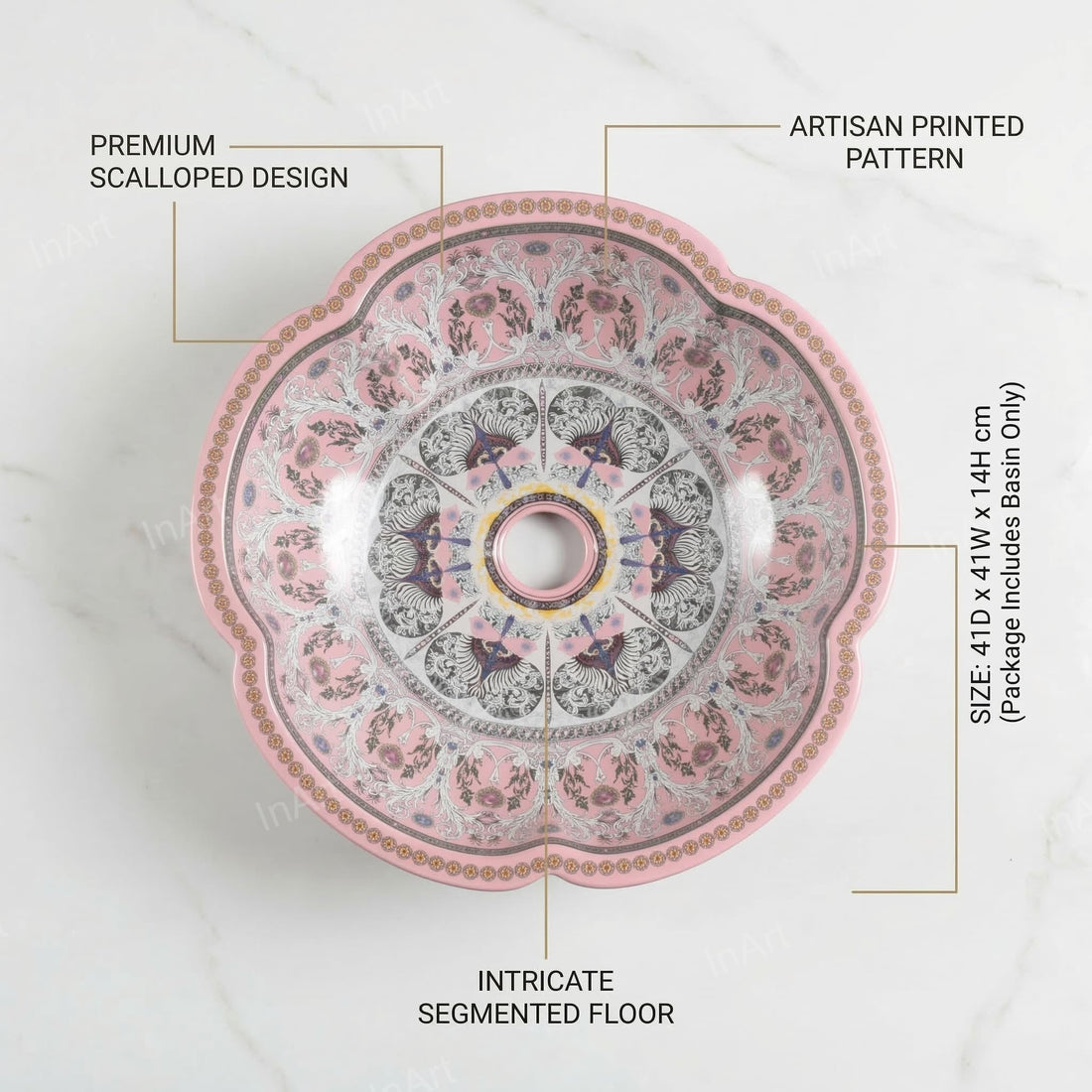 InArt ceramic table top wash basin design, round glossy pink over counter basin, front view