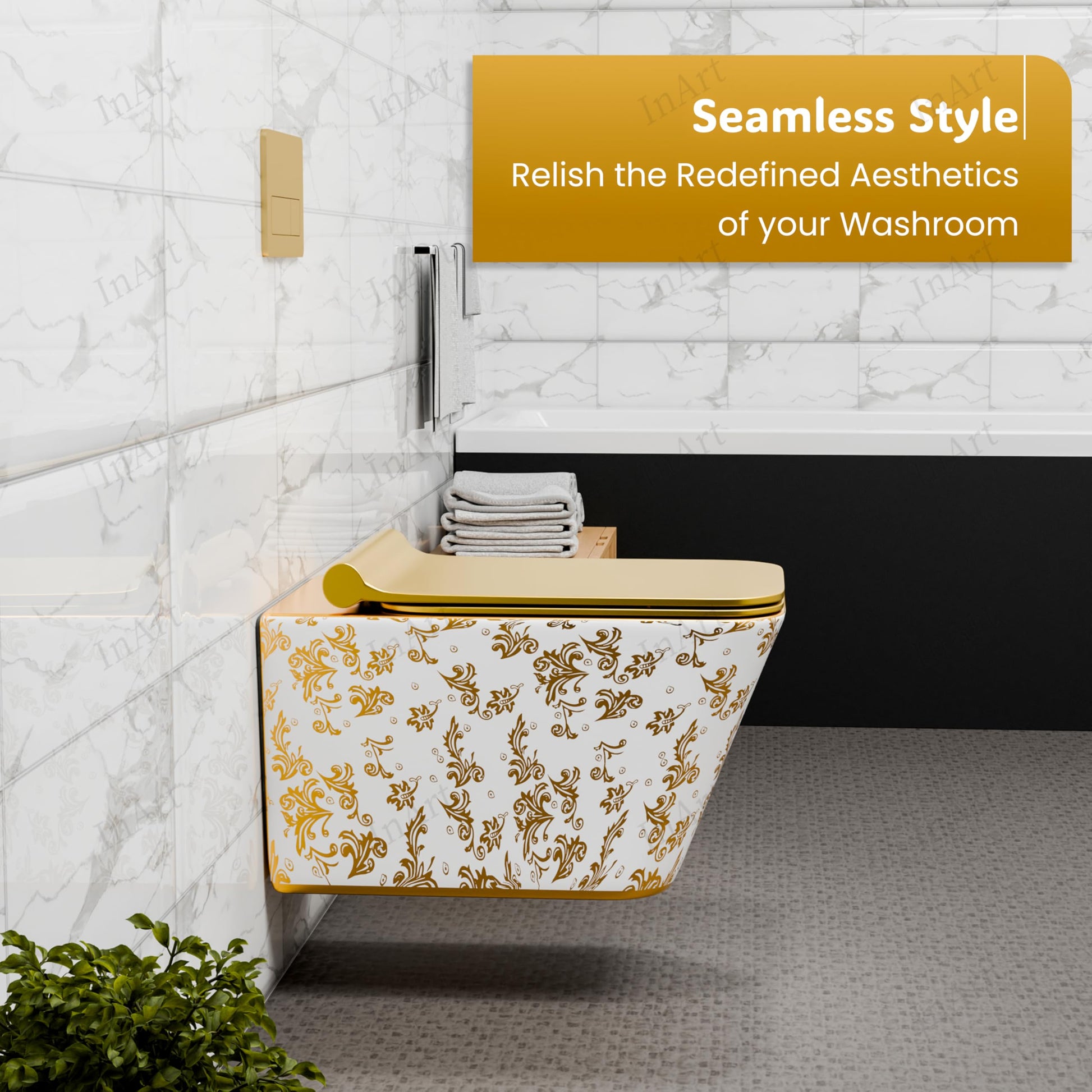 InArt wall mounted commode toilet showing soft close seat hinge detail and premium ceramic finish