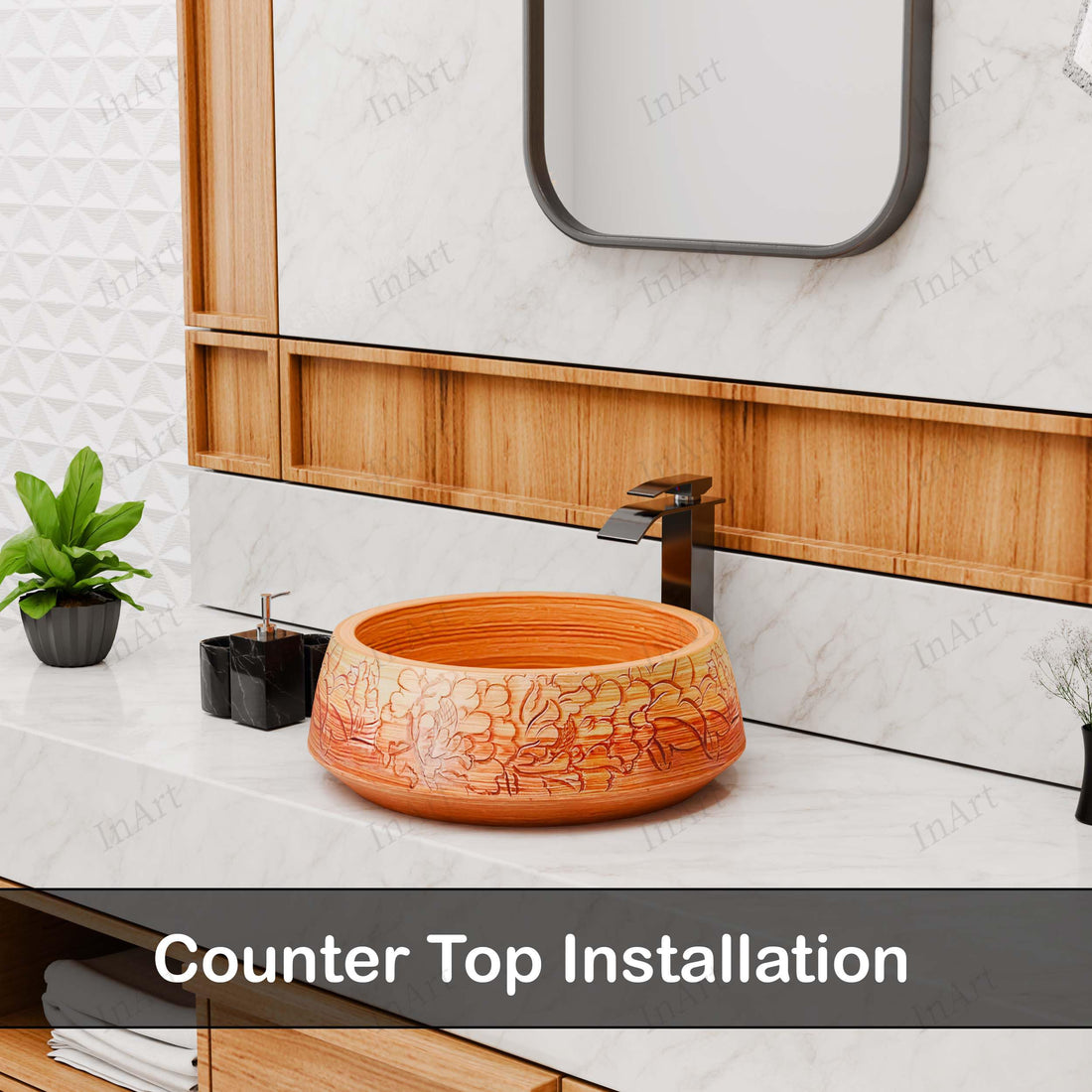 InArt ceramic square table top wash basin with cabinet design, wooden colour finish, 42x42 cm