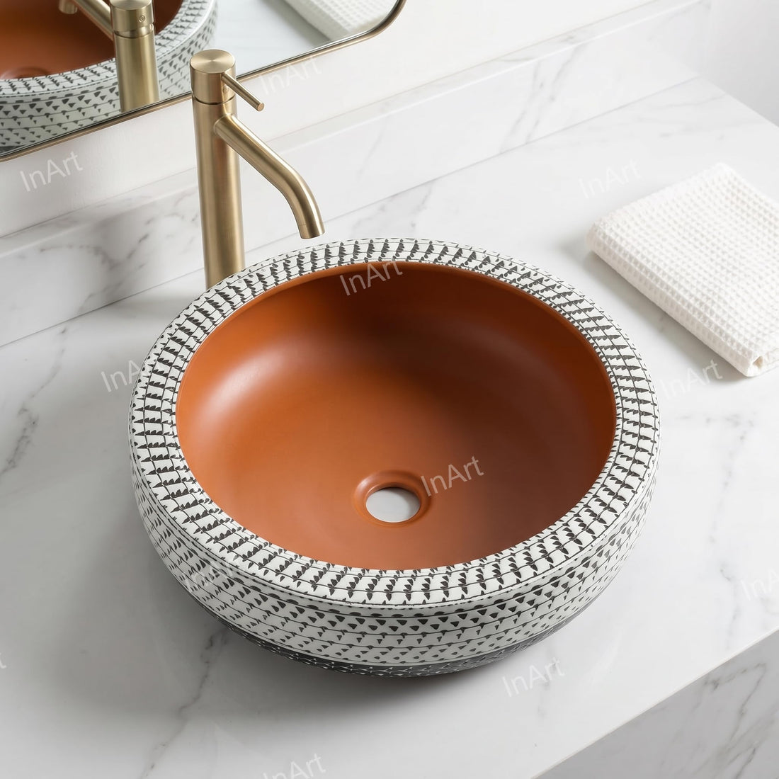 InArt modern table top wash basin, matte brown round ceramic 40 cm, main front view
