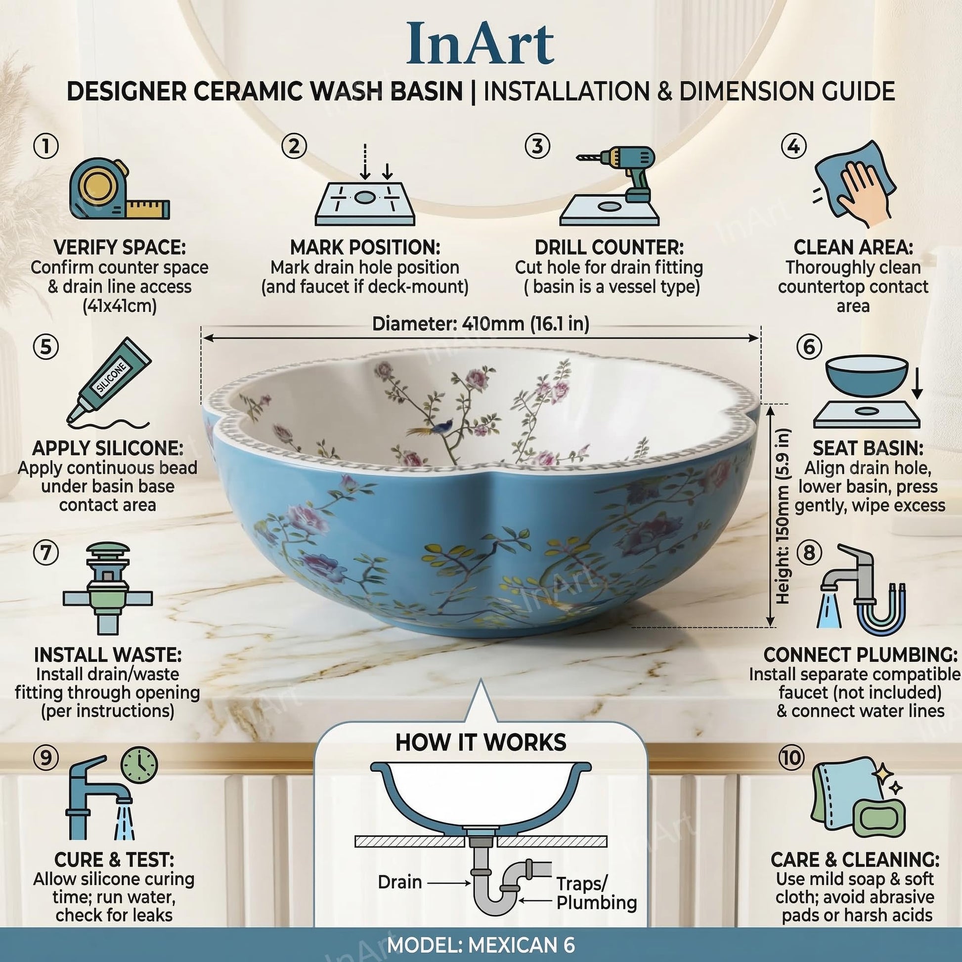 Table top wash basin price in India option, durable easy-clean blue ceramic round basin for home washroom