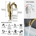 Table top basin mixer in glossy gold brass, swan shape tap design for modern bathroom basin setup