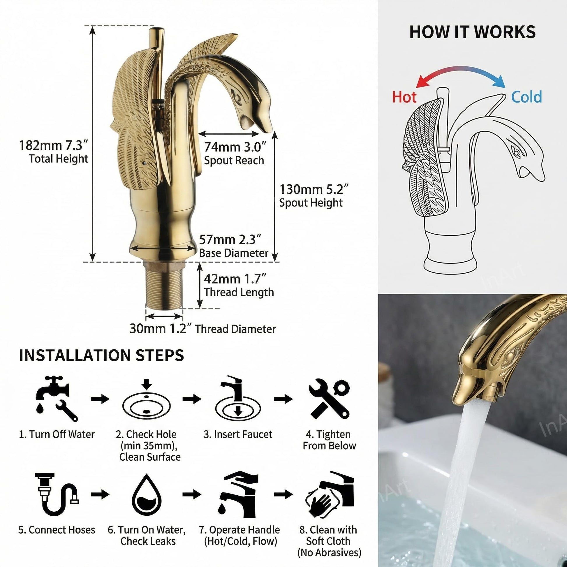 Table top basin mixer in glossy gold brass, swan shape tap design for modern bathroom basin setup