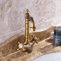 InArt brass mixer tap bathroom in antique matt finish, close-up of spout and handle detailing