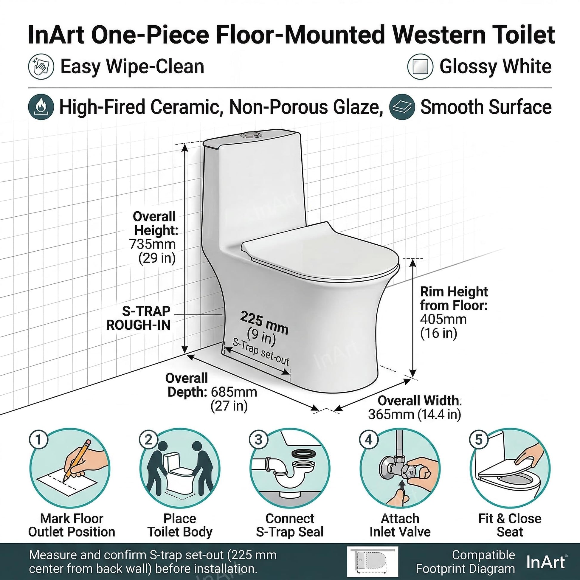 InArt one piece ceramic toilet commode with rimless bowl and tornado flush, premium sanitaryware top view