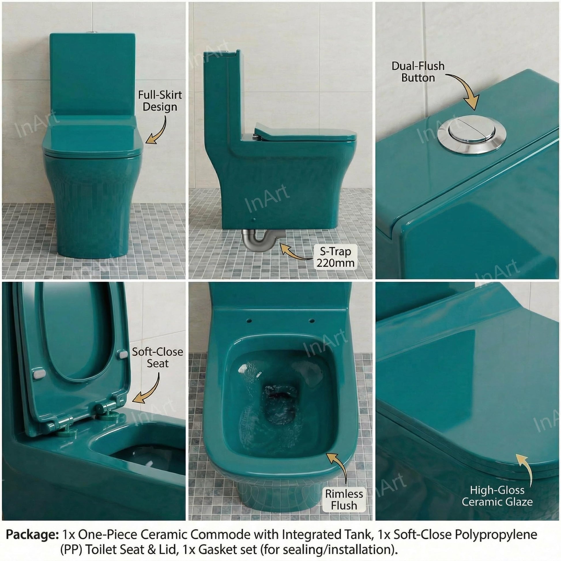 Western toilet single piece in green finish, rectangular commode side angle showing compact floor mounted profile