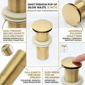 Wash basin waste coupling brass in gold, side angle showing pop-up cap and 32 mm threaded body