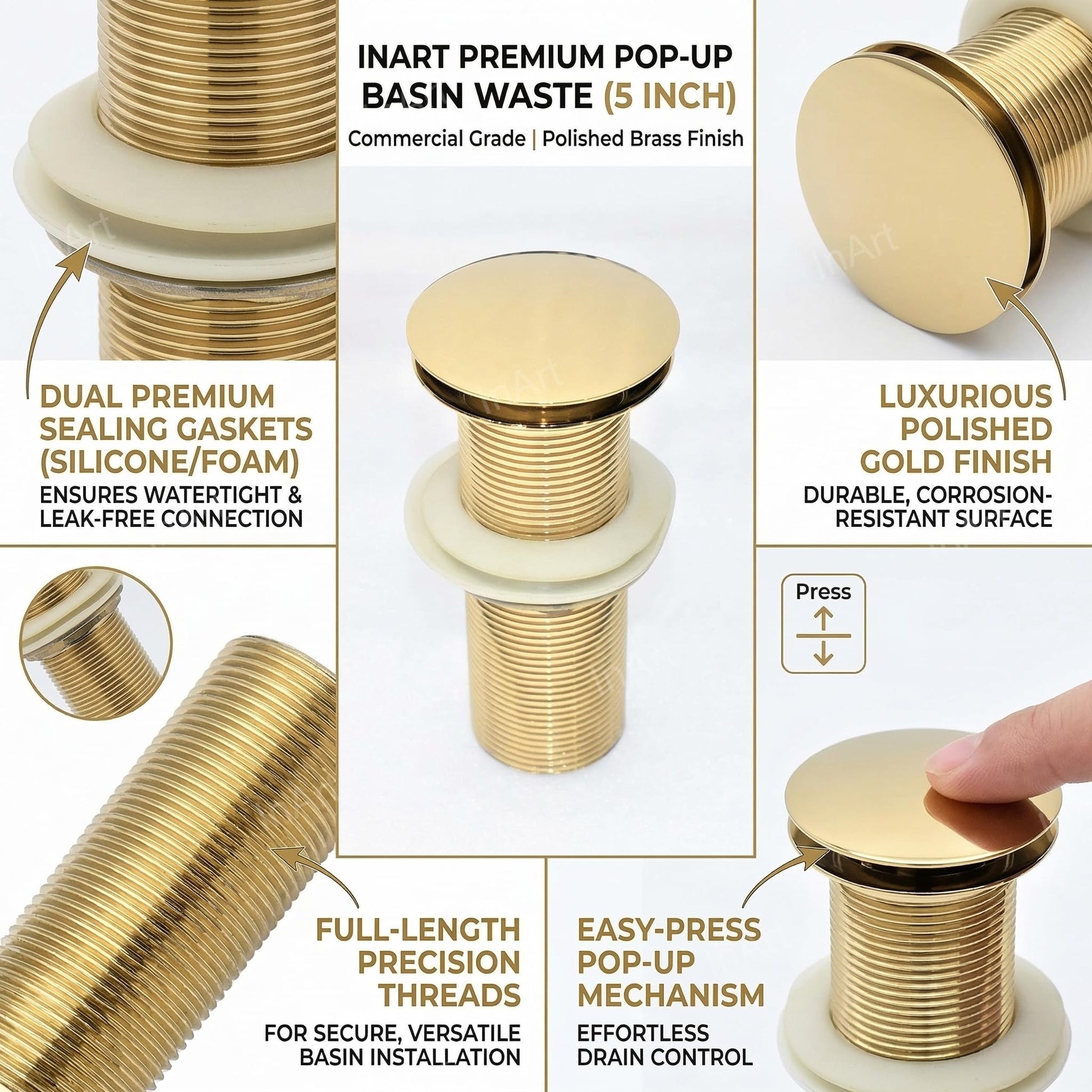 Wash basin waste coupling brass in gold, side angle showing pop-up cap and 32 mm threaded body