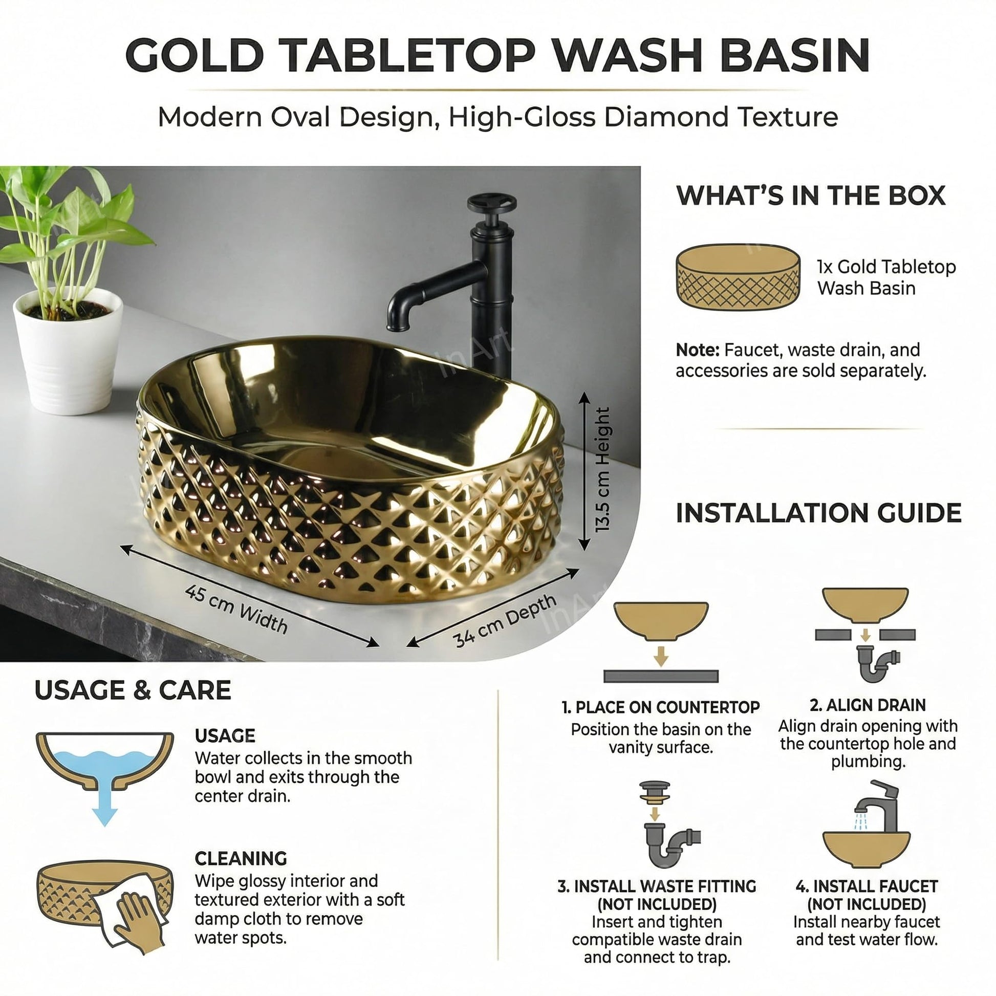Buy table top wash basin online India: InArt oval gold ceramic basin 45 cm for bathroom or kitchen