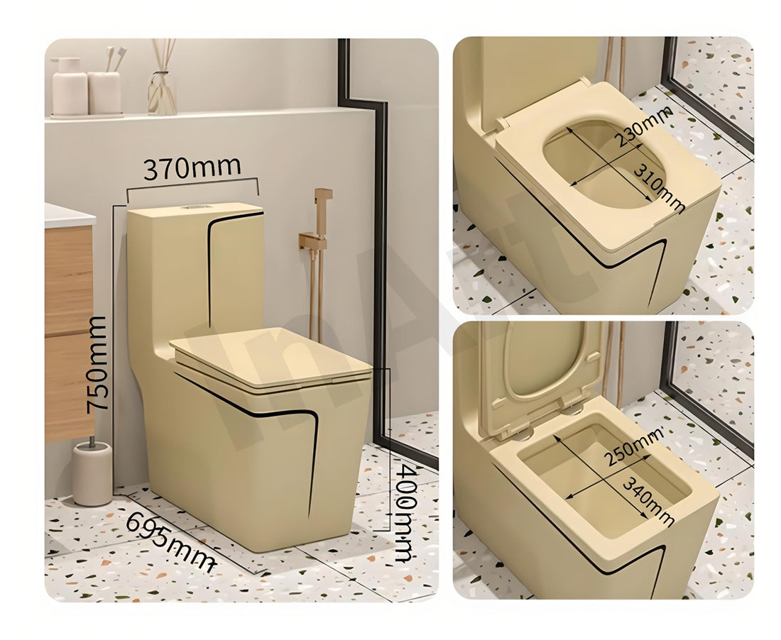 InArt single piece western toilet in ceramic, elongated European WC, khaki matte finish, floor mounted S-trap