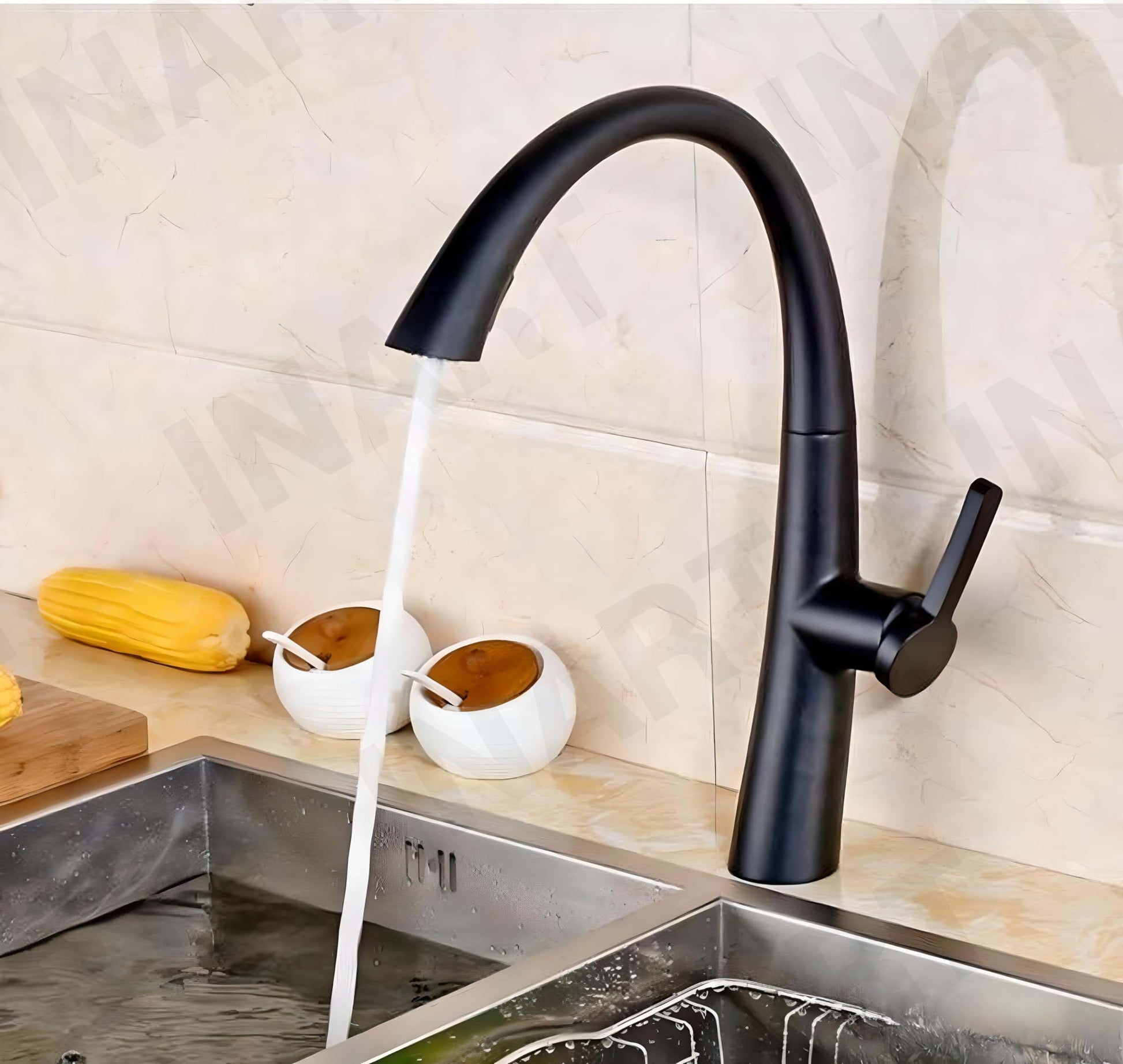 Kitchen sink pull out faucet in black finish, gooseneck swivel spout mixer tap shown at 3/4 angle