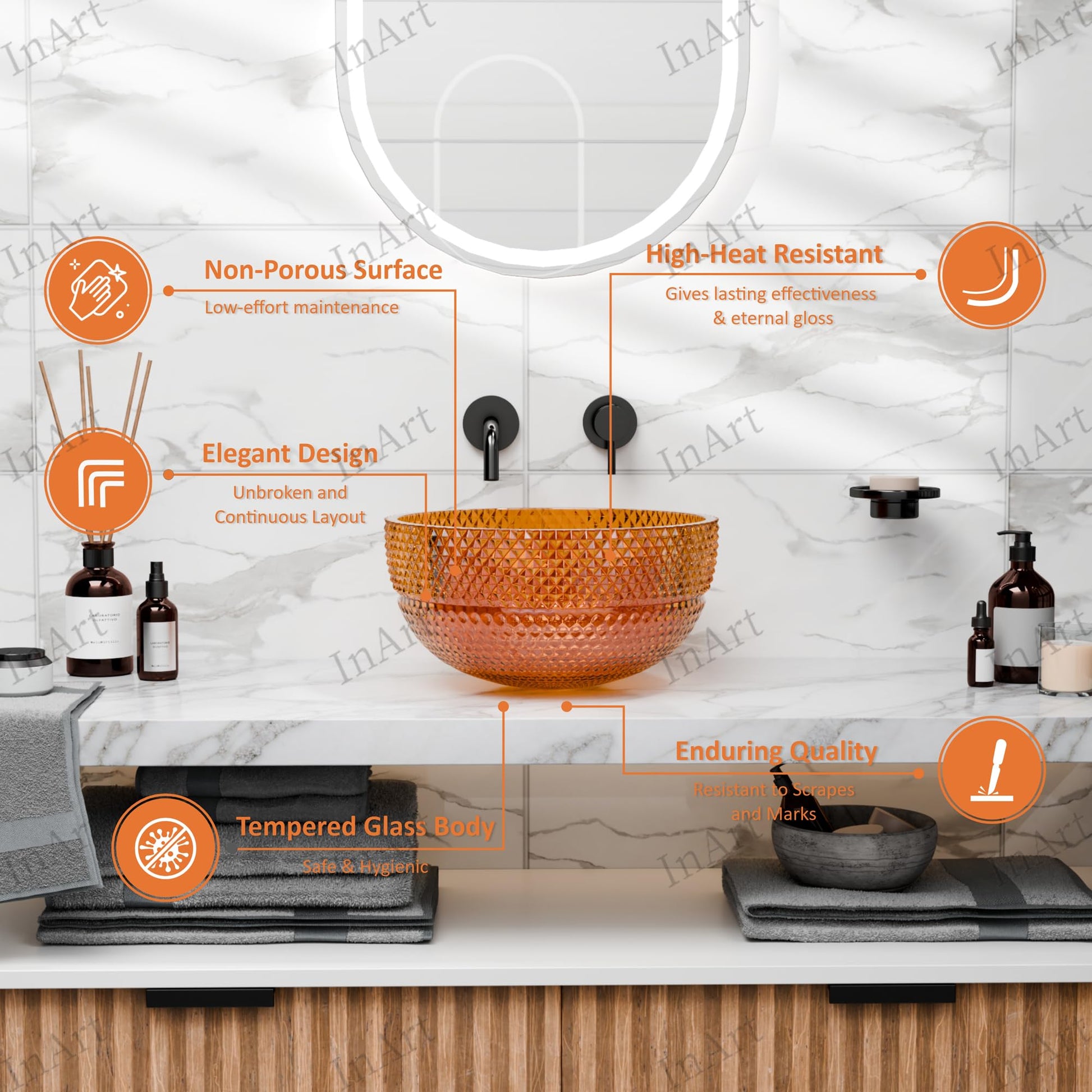 Modern amber glass wash basin, round table top basin, InArt