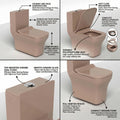 Modern bathroom single piece western commode in pink ceramic with soft close seat, right angle view
