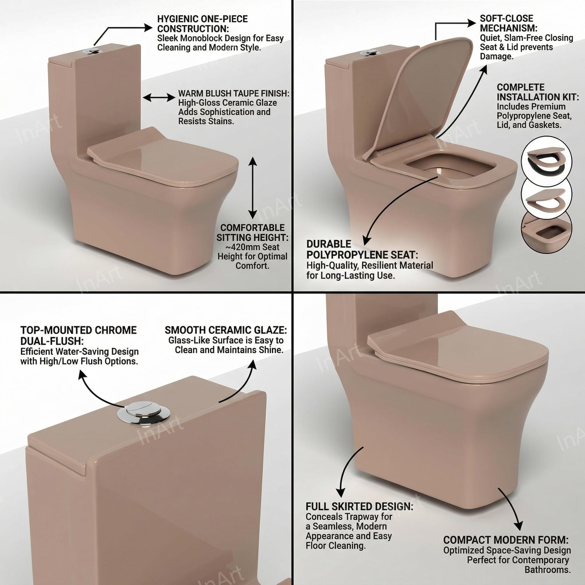 Modern bathroom single piece western commode in pink ceramic with soft close seat, right angle view