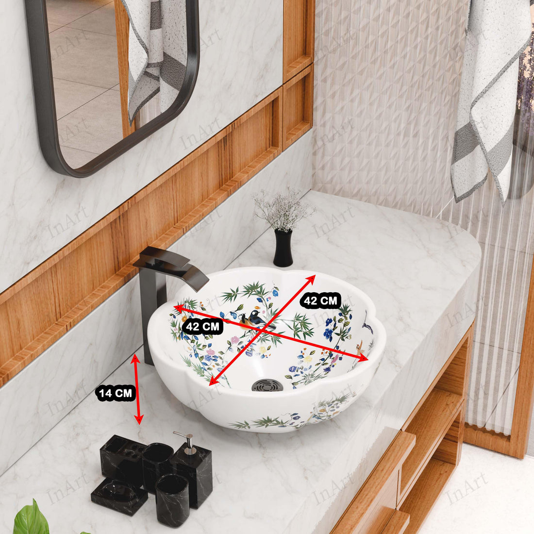 InArt cera table top wash basin, round ceramic countertop basin in glossy white with floral design