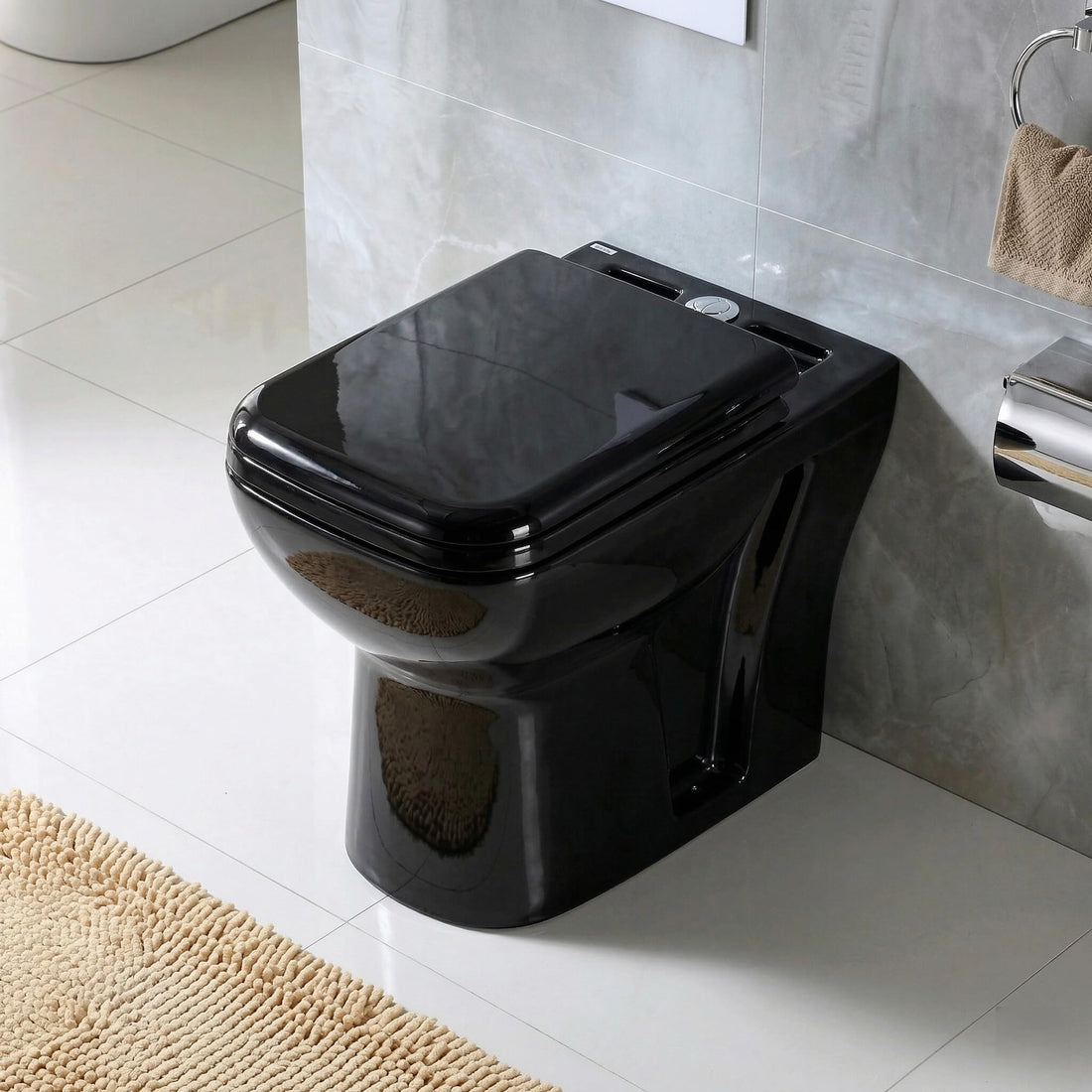 InArt single piece western toilet in black ceramic, square one piece floor mounted water closet with soft close seat