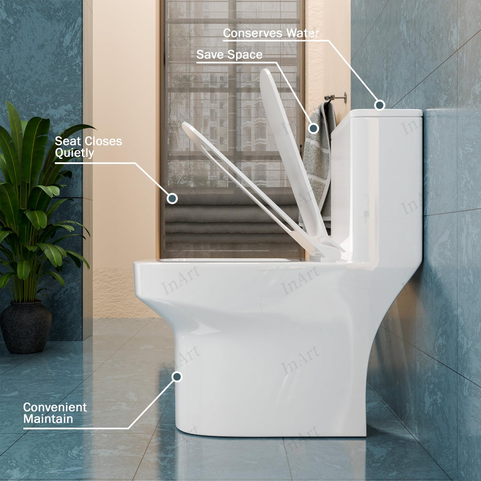 InArt glossy white one-piece western toilet in bathroom setting, premium sanitaryware look for modern homes