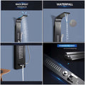 InArt matte black shower panel system close-up of rainfall and waterfall outlets on 304 stainless steel