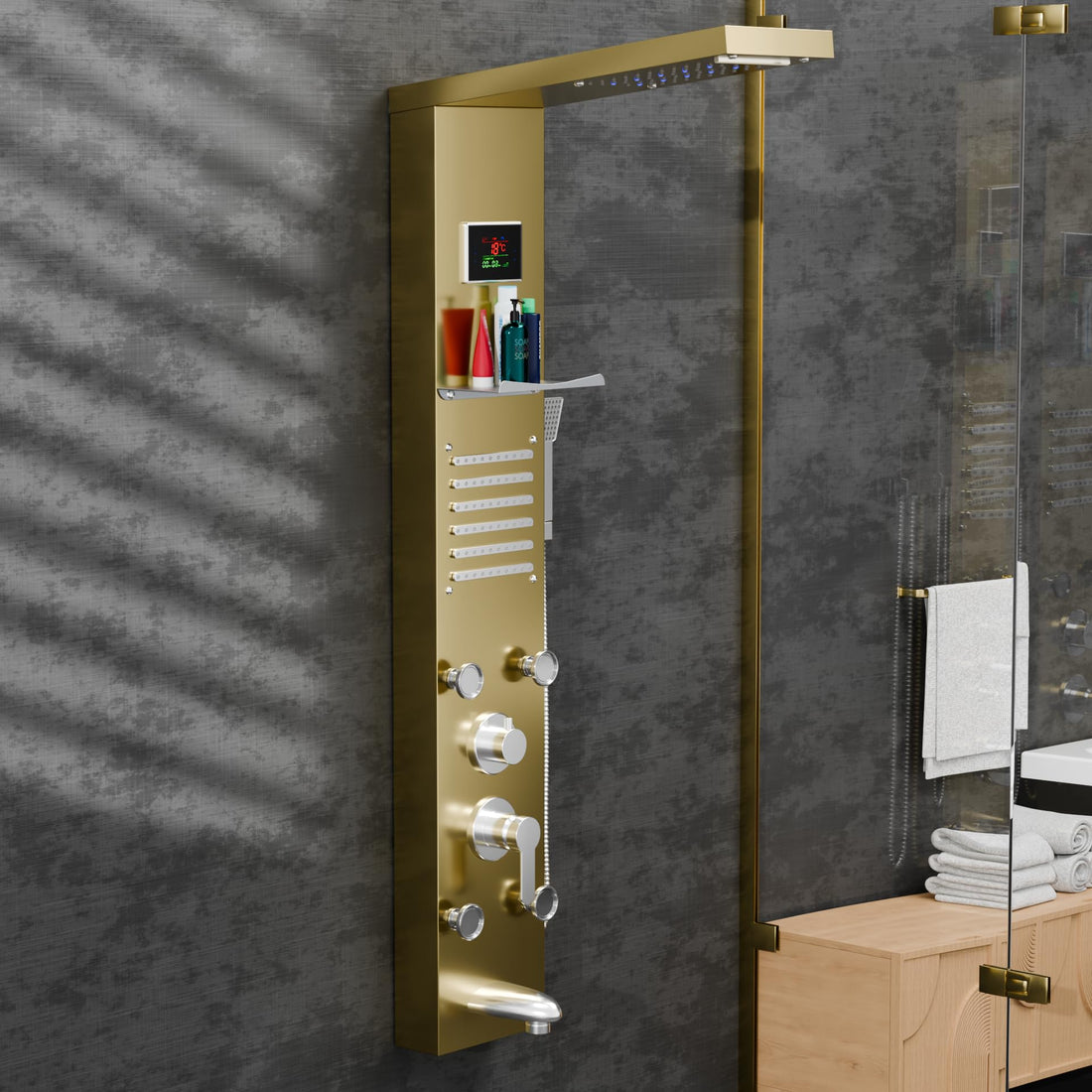 InArt gold glossy thermostatic LED shower panel set for bathroom, premium shower panel kits