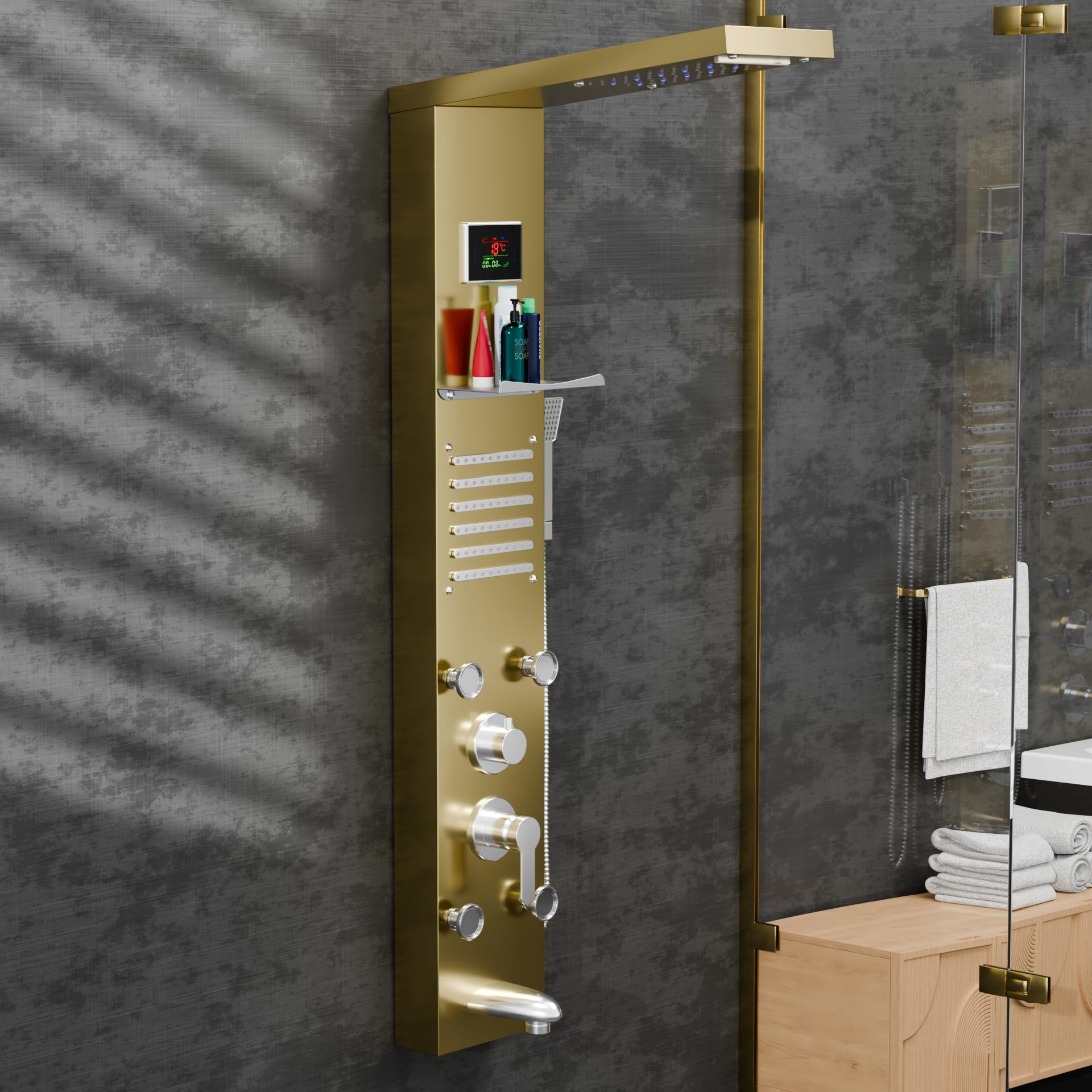 InArt gold stainless steel shower panel set, bathroom shower panel set with LED