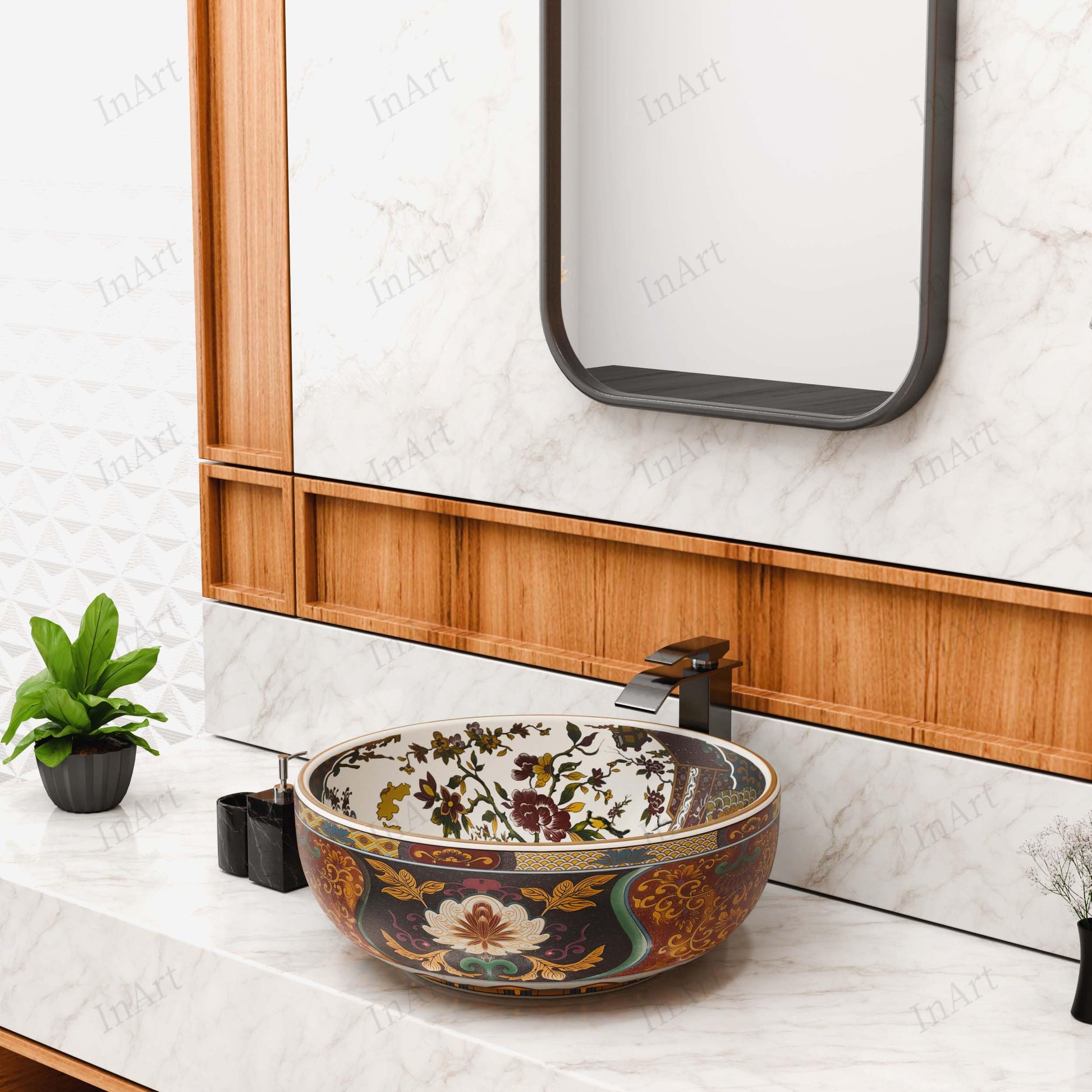 InArt round table top basin in glossy ceramic, underside and drain hole detail for easy countertop fitting