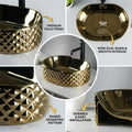 Oval table top wash basin ceramic in glossy gold finish, side angle showing curved rim and depth
