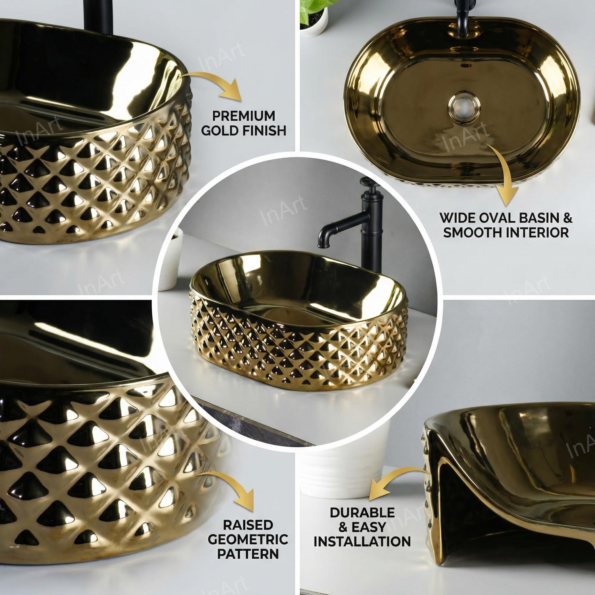 Oval table top wash basin ceramic in glossy gold finish, side angle showing curved rim and depth