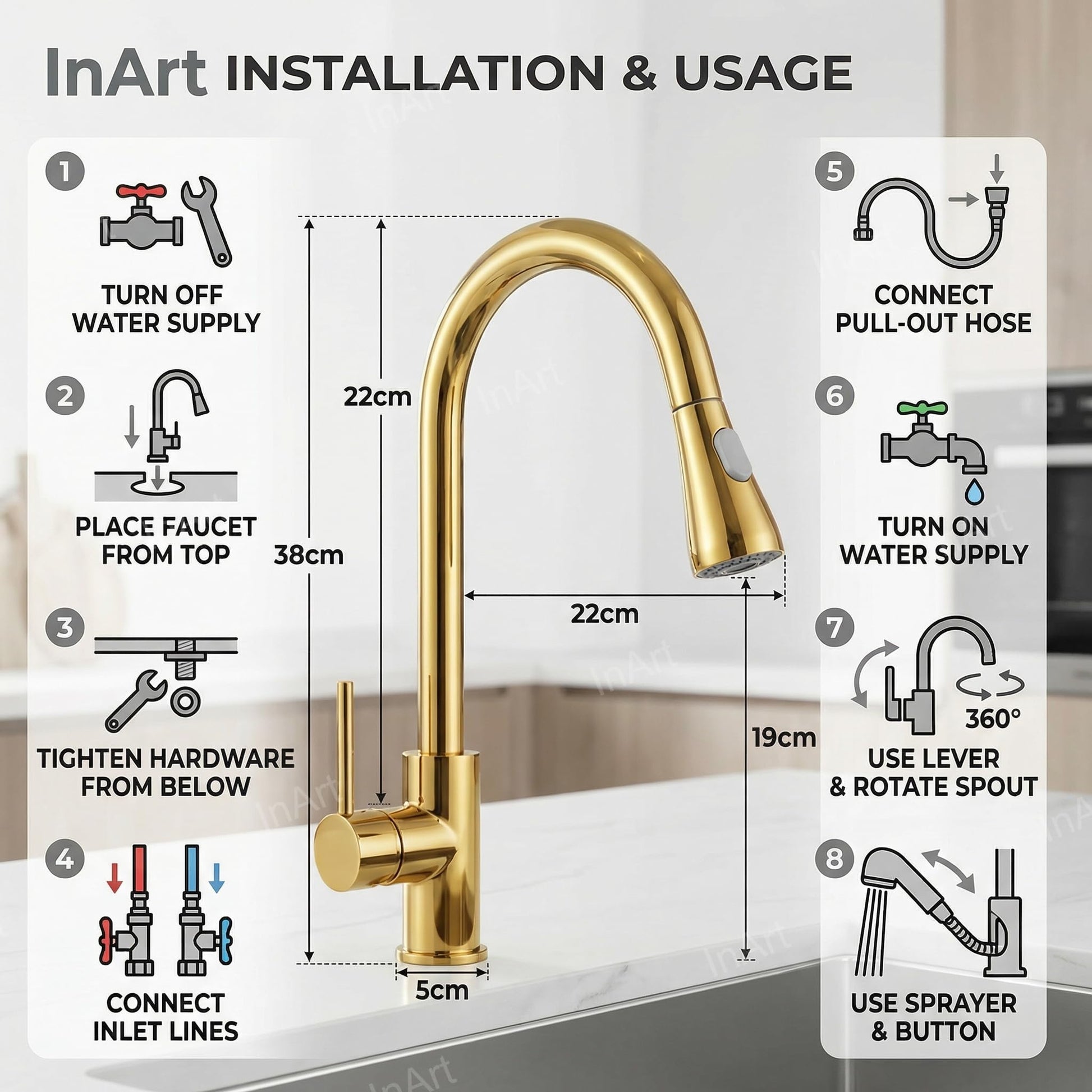 Kitchen taps pull out design in gold, close-up of 360° rotatable spout and smooth swivel joint