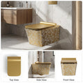 InArt wall hung western toilet, side angle view of square ceramic commode with soft close seat and gold leaf finish