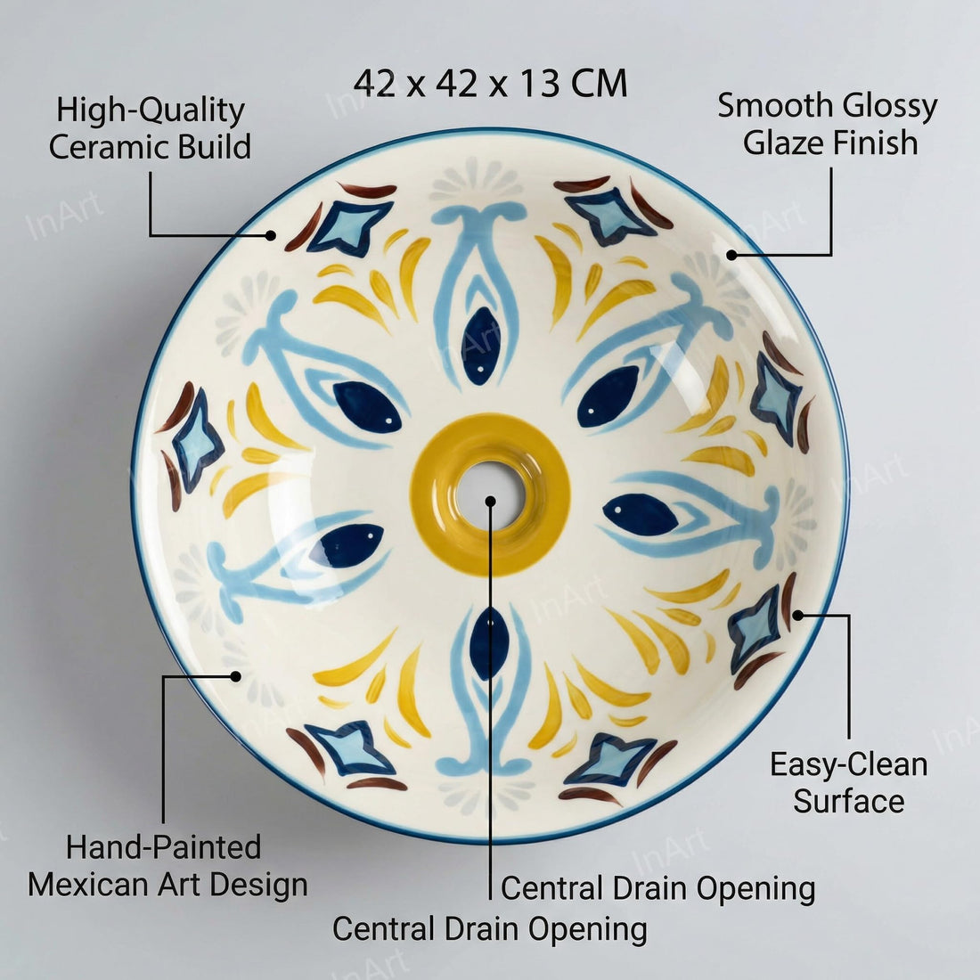 InArt cera table top wash basin, round ceramic Mexican Blue designer finish, 42x42 cm main view