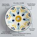 InArt ceramic wash basin designs in Mexican Blue, round table top basin angled view for modern bathroom