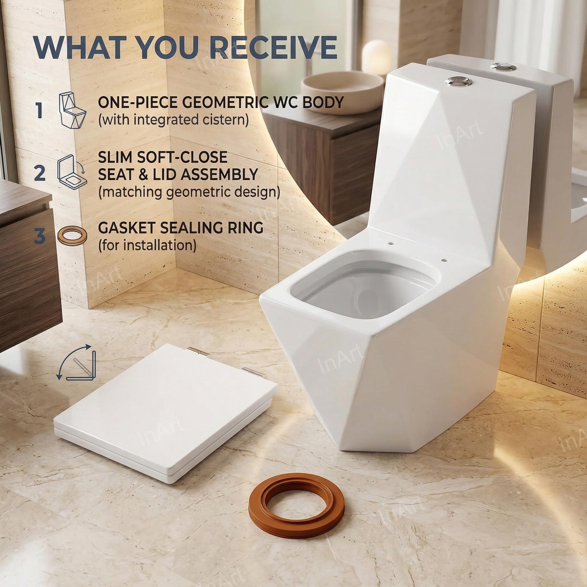 InArt European square one piece water closet in bathroom setting, premium ceramic commode in white