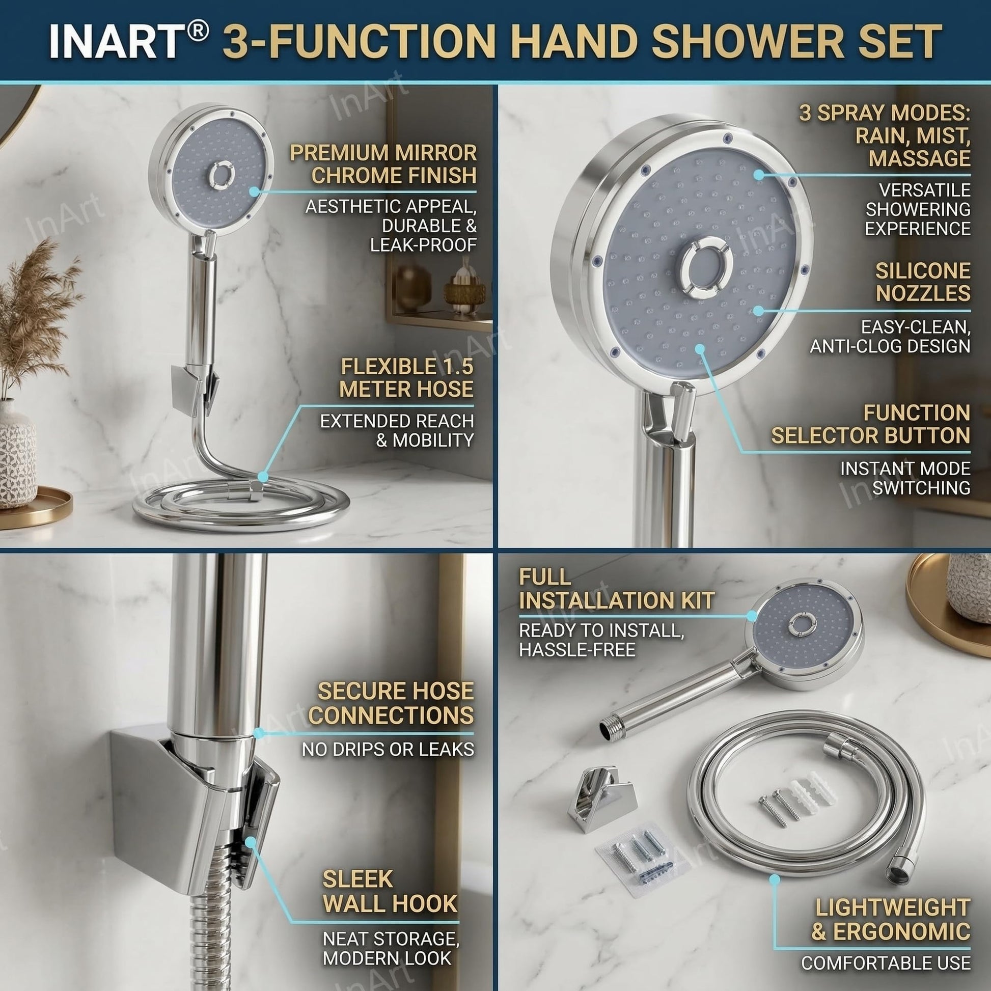 Round ABS hand shower set close angle showing rain, bubble massage and mist spray selector in chrome