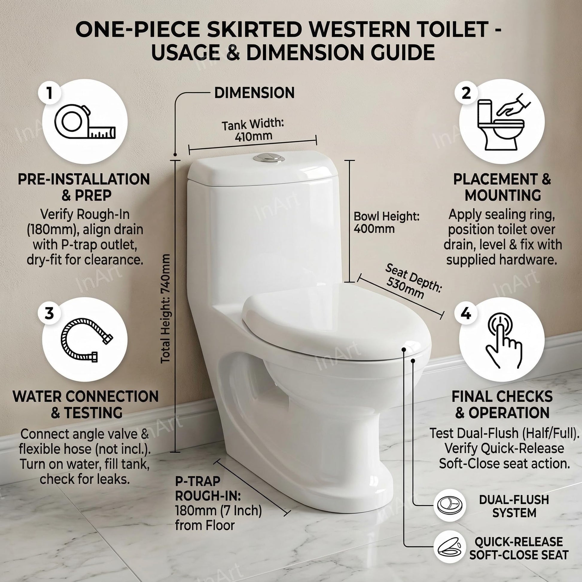 Oval ceramic water closet with smooth glazed finish and soft close seat, single unit commode for bathroom