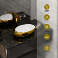 InArt modern washing basin for bathroom counter, oval ceramic bowl with gold detailing close-up