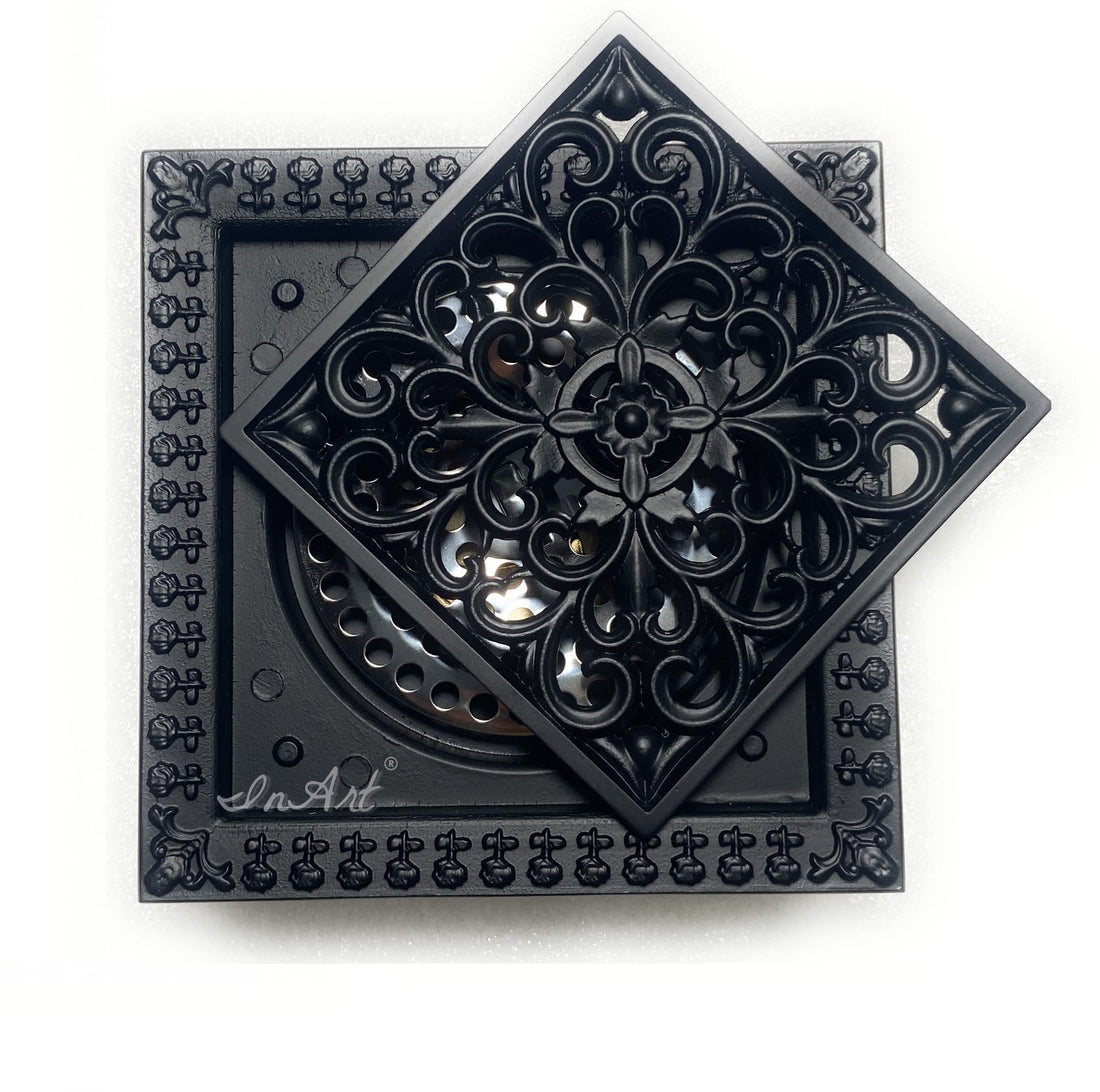 InArt brass floor drain jali square with cockroach trap, antique bronze black finish, main view