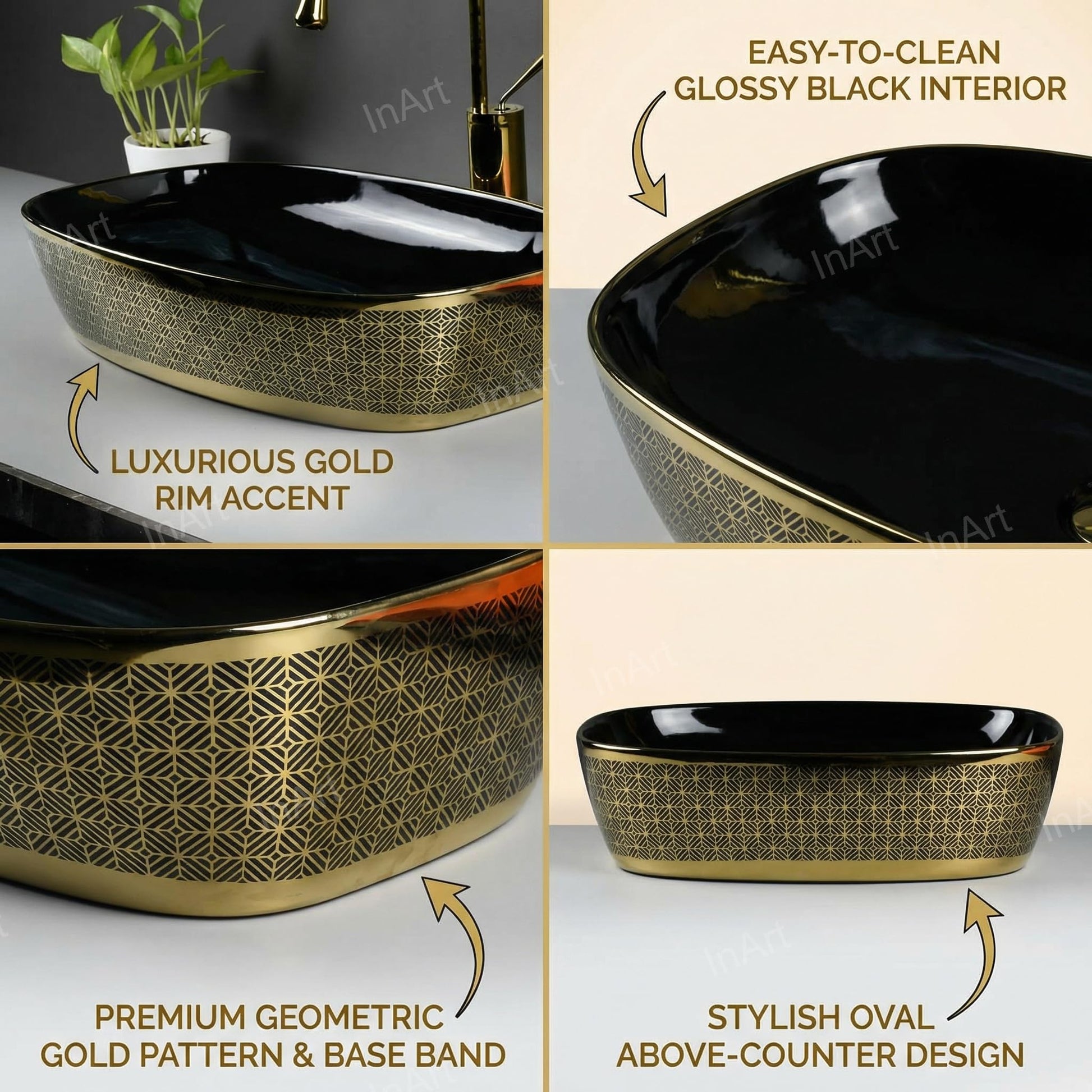 Modern bathroom table top wash basin design, oval ceramic glossy black gold, top angle showing rim