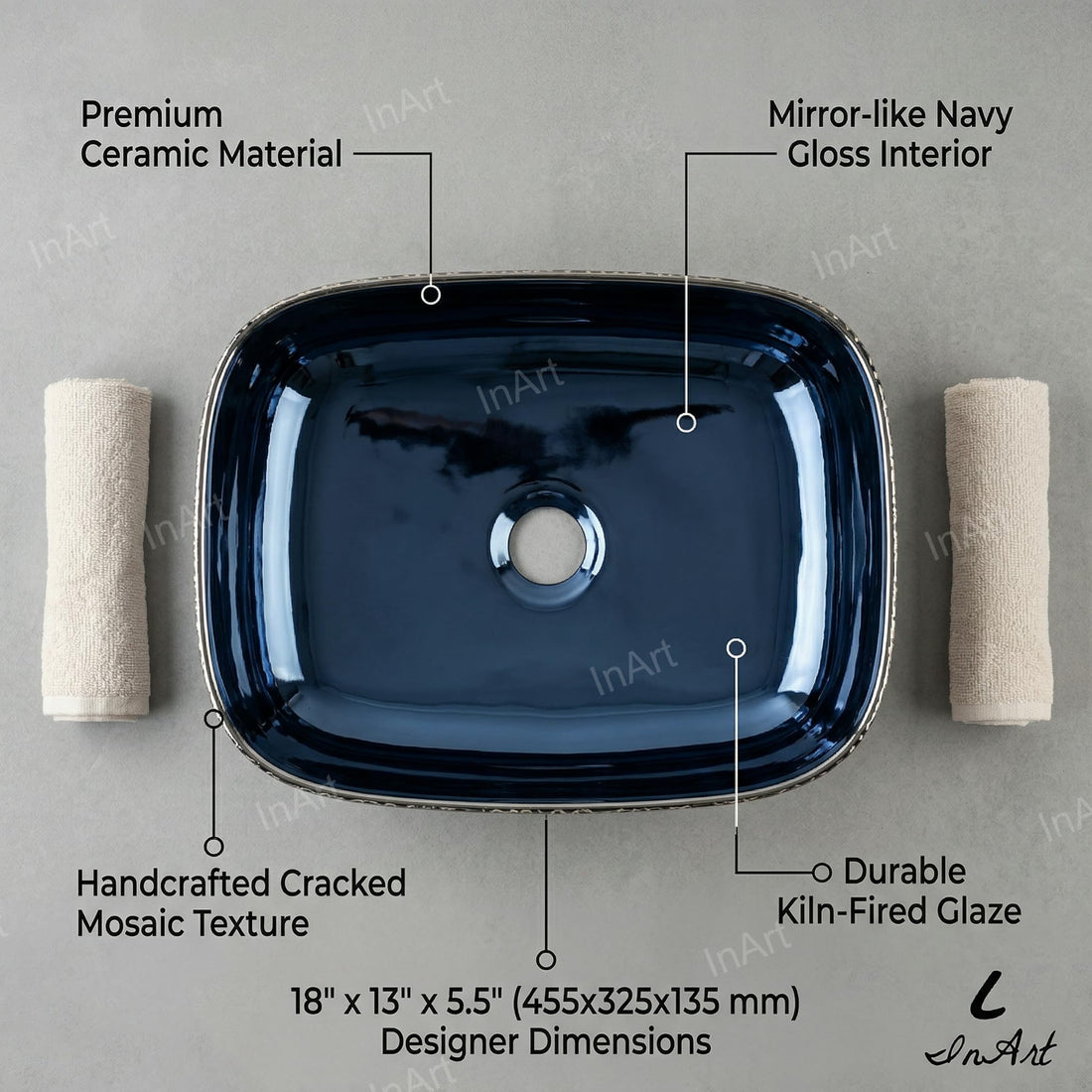 Hindware table top wash basin alternative by InArt, glossy blue ceramic rectangular above counter basin
